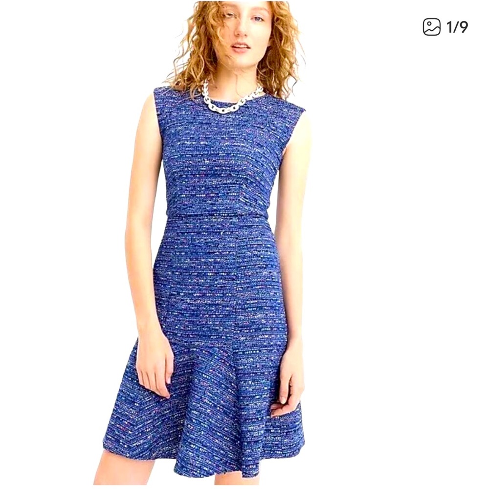 NWT J. Crew Blue Coco Tweed Boucle Fluted Flare Hem Dress Size 8 - Picture 3 of 11